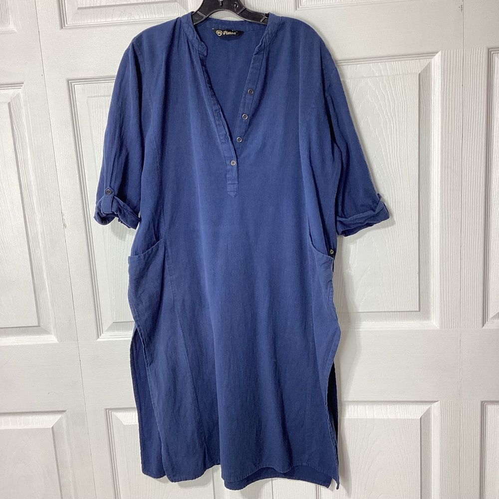 Pistaa Kurta Top Blue Size 50 V-Neck Popover Pockets Side Slits Roll Tab Sleeve